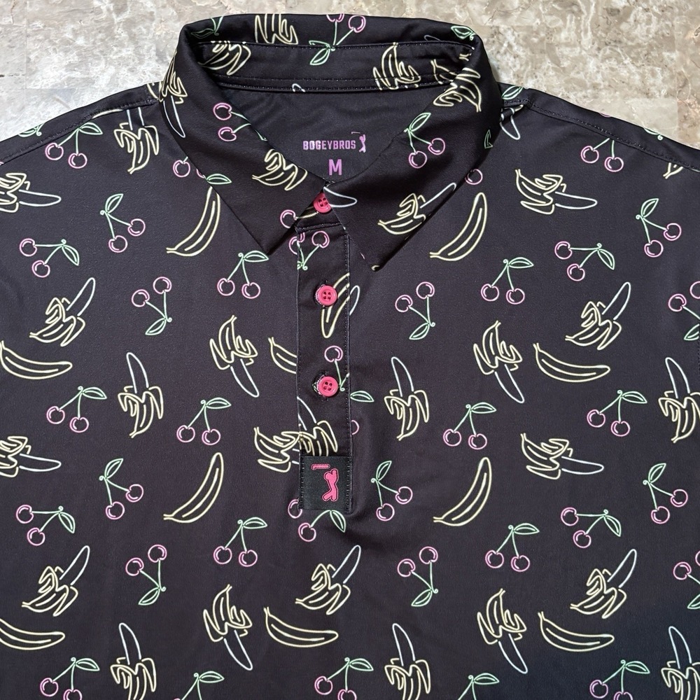 Bogey Bros Polo Shirt Mens Medium Black Low Hanging Fruit Golf Performance
